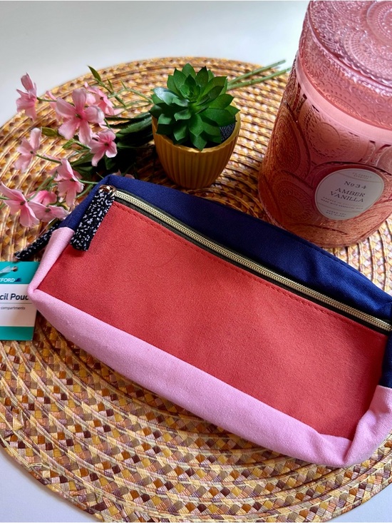 Wexford Handbags - Canvas Colorblock Pencil Pouch - Navy, Coral & Pink by